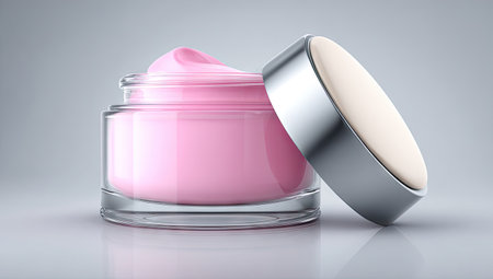Clear glass jar with a silver lid, filled with a light pink cosmetic cream, displayed against a neutral background. The jar is angled to show the contents and the open top of the jar.  The image is high quality and highlights the product's design and appeal.の素材