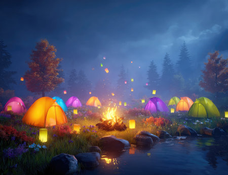 Serene scene of a campsite at night. Colorful tents are situated beside a glowing campfire in a lush forest meadow near a stream. Lanterns illuminate the area, creating a magical and vibrant atmosphere.の素材