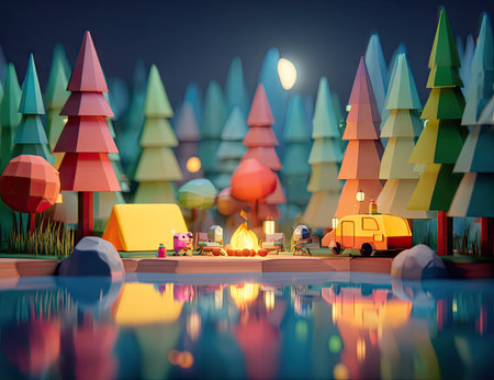 Vibrant, low-poly illustration of a camping scene.  Colorful trees, a tent, a caravan, and a campfire by a serene lake are depicted under a night sky with a moon. The scene is rendered in a stylized, geometric style.の素材