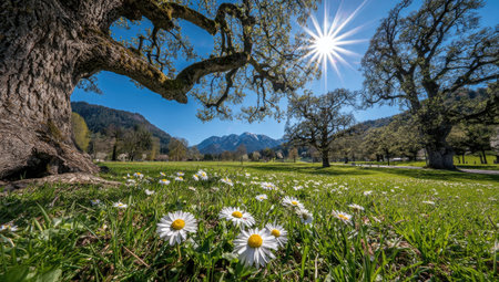 Wide shot of a grassy meadow filled with white daisies. Large, mature trees stand in the background, with mountains rising beyond. Bright sunlight bathes the scene, creating a feeling of warmth and serenity.の素材