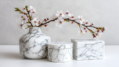 Still life arrangement featuring a white marble vase and a matching box, adorned with delicate cherry blossoms. The items are positioned on a white surface against a light gray backdrop.の素材
