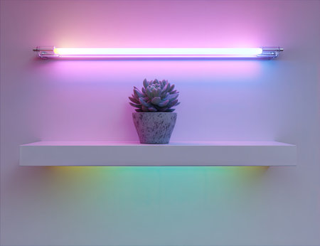 Small succulent plant in a light gray pot sits atop a white shelf.  Two lengths of colorful neon lights run horizontally along the wall above and below the shelf. The colors are a mix of pink, purple, blue, and green.の素材