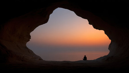 Tranquil scene of a person sitting in a cave, observing a sunrise over a vast body of water. The warm colors of the sunrise and the silhouette of the person create a peaceful and meditative atmosphere. The cave's opening frames the vista.の素材
