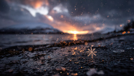 Close-up view of a single, intricate snowflake positioned on a wet, dark shoreline at sunset. The scene is filled with the details of glistening water droplets and the textures of the wet rocks. The sunset's warm colors create a dramatic backdrop to the tranquil winter scene.の素材