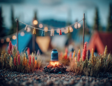 Meticulously crafted miniature diorama depicting a serene campsite scene at dusk. Colorful wildflowers, a small campfire with a pot, and string lights create a picturesque ambiance.  Tiny tents and other decorative items are visible in the background.の素材