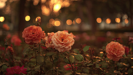 Close-up view of several peach-colored roses in a garden setting, with soft, warm light from the setting sun. The out-of-focus background suggests a tranquil garden scene at twilight.の素材