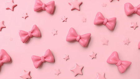 Repeating pattern of pink bows and small stars on a pastel pink surface. The bows and stars are three-dimensional and appear to be made of a smooth material.  The image is aesthetically pleasing and conveys a sense of whimsy and cuteness.の素材