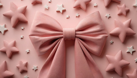Flat lay design featuring a large, folded, blush pink bow positioned in the center of a pastel pink background.  Surrounding the bow are various, smaller,  creamy off-white stars. The overall aesthetic is soft, delicate, and celebratory.の素材