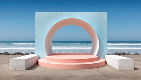 Geometric architectural structure, light pastel blue and pink, sits on a beach next to the ocean. A platform is in front of an archway within the structure.  There are steps leading up to the platform.  The scene is bathed in natural light, with the ocean and a clear blue sky in the background.の素材