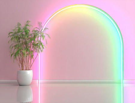 Minimalist interior scene featuring a vibrant neon archway, a potted plant, and a pastel pink room. The lighting is bright and colorful.の素材