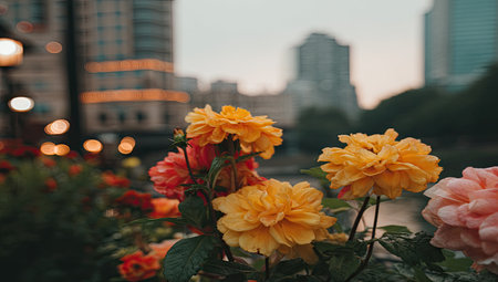 Close-up view of vibrant yellow, orange, and pink blossoms, set against a blurred background of city buildings.  The flowers are in focus, while the city buildings are out of focus, creating a beautiful contrast. The image conveys a feeling of calmness and beauty amidst urban surroundings.の素材