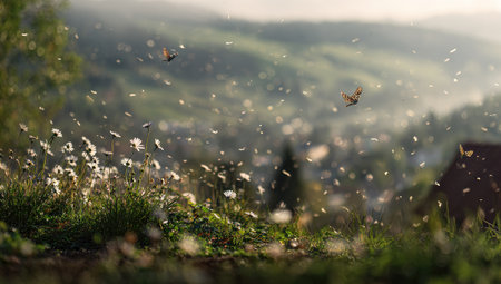 Picturesque scene of butterflies flitting amidst wildflowers in a gentle breeze.  The soft light and blurred background enhance the sense of calm and tranquility.の素材