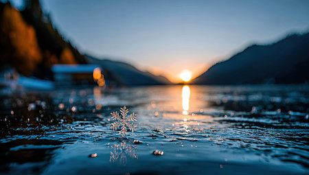 Delicate snowflake rests on a sheet of glistening ice at the edge of a calm lake.  The tranquil water reflects the warm hues of a breathtaking sunset, as mountains rise in the background.の素材