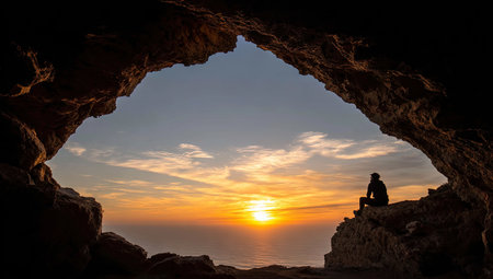Person sits in a rocky cave overlooking a sunset over a vast expanse of ocean. The image captures the beauty of nature at the moment of the sunset, with warm, golden colors dominating the sky and sea, creating a tranquil and serene atmosphere.の素材
