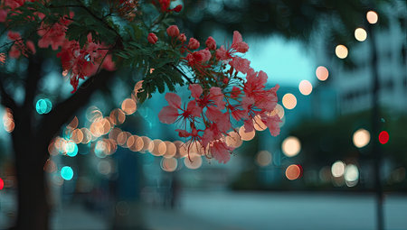 Close-up of pink flowers against a backdrop of out-of-focus city lights at twilight.  The focus is on the delicate blossoms, and the blurred city lights create a soft bokeh effect. The image evokes a sense of beauty, romance, and the tranquility of the evening.の素材