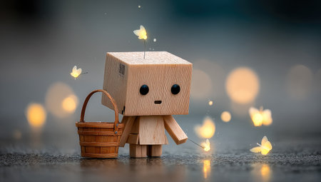 Small, wooden figurine in the shape of a box, resembling a character, carries a small wicker basket. It is positioned on a dark, wet surface and surrounded by glowing butterflies. The scene evokes a sense of calm and whimsy, with soft, warm lighting and a bokeh background.の素材
