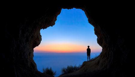 Person stands in a cave opening, looking out at a dramatic sunset over a tranquil ocean vista. The scene is composed of a silhouette against a colorful sunset sky, showcasing the beauty of nature and the feeling of solitude.の素材