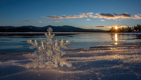 Large, intricate ice crystal snowflake rests on the shoreline of a frozen lake. The ice crystals are illuminated by the golden light of a winter sunrise, reflecting off the still water and surrounding snow. The scene is a tranquil and serene winter landscape.の素材