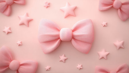 Flat lay design featuring several pastel pink bows and stars arranged on a soft, light pink surface. The bows and stars have a 3D, almost sculpted, look. The overall style is delicate, cute, and feminine.の素材