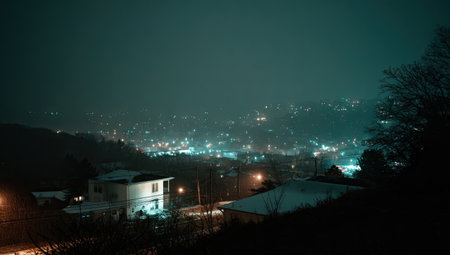 Tranquil vista of a city at night, blanketed in snow, with numerous houses and buildings illuminated by streetlights. The scene evokes a sense of quiet solitude and winter's cold beauty, viewed from a high vantage point.の素材