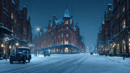 Snow-covered city street at night, featuring historic buildings with illuminated windows, and vintage cars parked on the street.  The scene is filled with a serene and festive atmosphere. Snow falls gently, creating a magical ambiance.の素材
