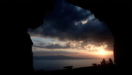 Scenic view of a sunset over a lake, seen from the opening of a cave. Silhouettes of people are visible near the water's edge.の素材