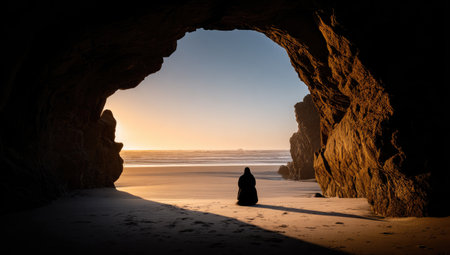 Person sits in the entrance of a cave at a beach at sunset.  The setting sun casts long shadows on the sand.の素材