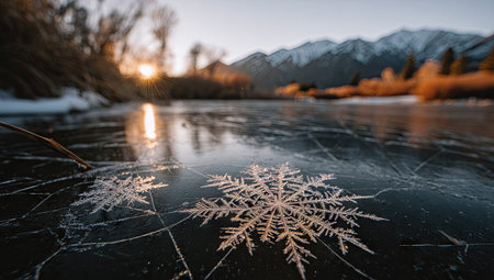 Close-up view of a large, intricate snowflake resting on a frozen lake surface.  The water is covered in a network of cracks and the sunlight is casting reflections on the ice.  A tranquil winter landscape with mountains in the background is visible.の素材