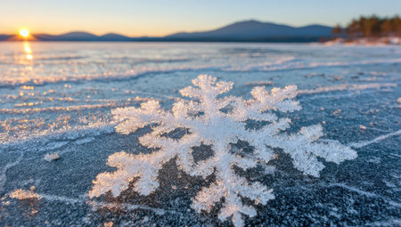 Detailed close-up view of a beautiful ice crystal formation on the surface of a frozen lake, showcasing intricate patterns and textures. The crystal is outlined against the backdrop of a frozen lake and a tranquil sunrise over the distant mountains.の素材