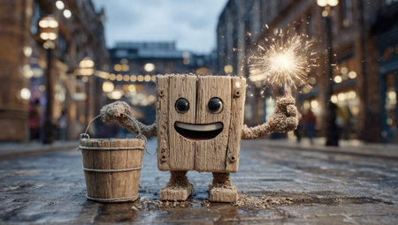 Digital rendering of a small wooden character, shaped like a plank of wood, holding a bucket and sparklers. The character stands on a city street, with buildings and warm-toned lights in the background.の素材