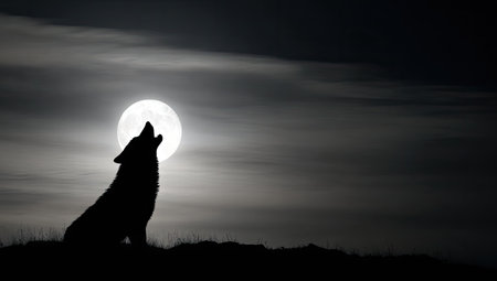 Silhouette of a wolf sitting and howling at a full moon in a dark night sky.  The image features a dramatic contrast between the illuminated moon and the dark, cloudy sky.の素材