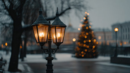 Detailed close-up view of an ornate street lamp with warm glowing lights, situated in a snowy city park. A blurred christmas tree and buildings are visible in the background.の素材