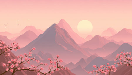 Serene vista of mountains painted in soft, pastel shades of pink and purple, with blossoming cherry trees in the foreground. A large, round sun is visible near the horizon, adding a tranquil ambiance to the scene.の素材