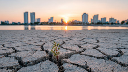Close-up view of dry, cracked earth with a small plant sprouting from a fissure. In the background, a body of water and city buildings are visible at sunset. The image conveys a sense of resilience and hope amidst a dry and barren environment.の素材