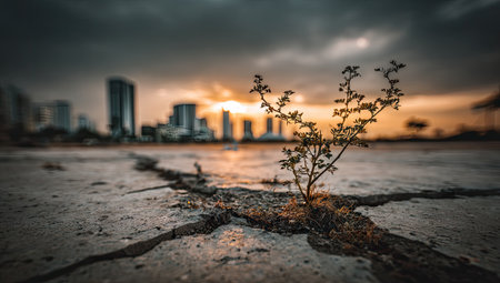 Small plant pushing through cracked pavement in an urban setting. The scene features a single plant growing in a crevice of broken asphalt, with a blurred cityscape in the background at sunset. The image highlights the resilience of nature in a concrete environment.の素材