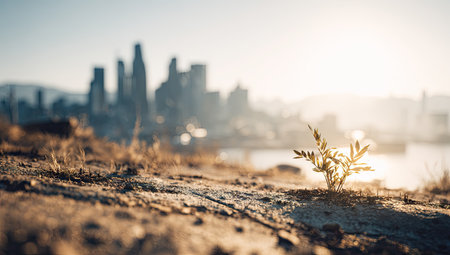 Small, new plant sprouts from the ground, with a hazy cityscape in the background. The foreground is filled with the texture of dry, light brown earth.  A sense of hope and renewal is evident in the image.  The light suggests a sunrise or sunset, highlighting the plant and creating a soft focus on the distant city.の素材