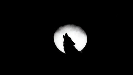 Black and white silhouette of a wolf howling at the full moon against a dark night sky. The image is evocative of a mystical or spooky scene, with the wolf's pose suggesting a powerful and solitary creature connected to the moon.の素材