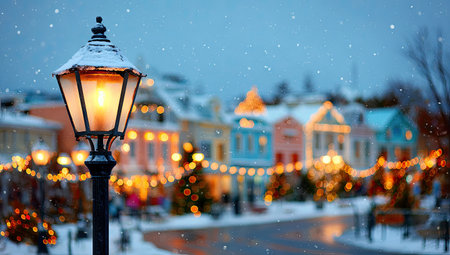Snowy winter scene in a charming town. A glowing lamppost stands at the center of the image in sharp focus, while out-of-focus buildings and festive lights create a warm and inviting atmosphere. The soft snow falling gently adds to the serenity of the moment.の素材