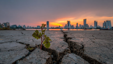Small plant pushes through a cracked surface of dry earth, contrasting with the blurred cityscape in the background.  The sunset illuminates the scene, highlighting the resilience of nature against urban surroundings.  The image displays the texture of the cracked ground and the vibrant green sprout.の素材