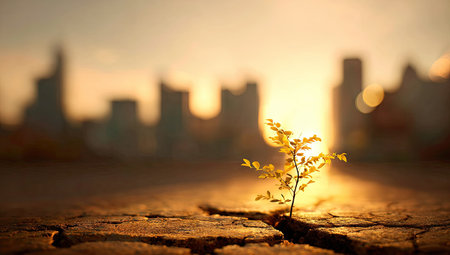 Small plant pushes through a crack in a cracked pavement surface, in a golden light,  with a city skyline in the blurry background. The image captures a sense of resilience and hope in a natural setting within an urban environment.の素材