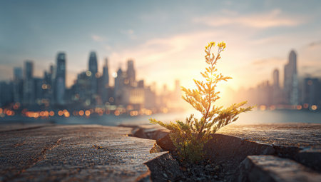 Small plant sprouts from a crack in a paved area, with a blurry cityscape in the background.  Sunlight highlights the plant and the horizon. The cracked pavement is the foreground.の素材