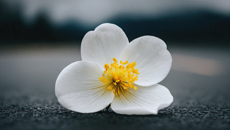 Single, white flower with a yellow center is displayed in close-up detail. The petals are delicate and smooth, showing intricate details. The flower sits on a dark surface, providing a stark contrast and emphasizing the flower's beauty.の素材
