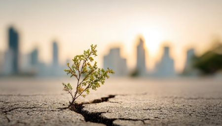 Small plant with delicate green leaves is pushing its way up through a crack in a cracked pavement.  A blurred cityscape is visible in the background.の素材