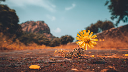 Close-up view of a single, bright yellow flower blooming amidst a dry, brown ground.  The flower is in sharp focus, while the surrounding landscape, including hills and trees, is gently out of focus, creating a visually appealing background.の素材