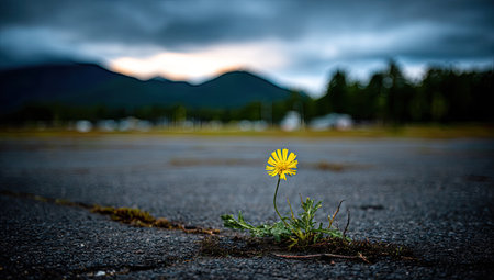 Single bright yellow flower, seemingly growing from a crack in a dark gray asphalt road.  The focus is on the flower, while the background displays a blurred landscape of mountains and trees.の素材