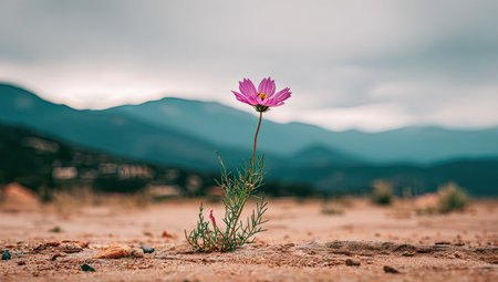 Solitary pink flower grows from the ground in a desert landscape against a backdrop of mountains. The flower is the central focus, while the mountains and sky create a serene and expansive background.の素材