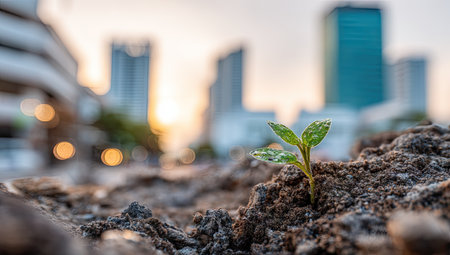 Small plant with two young leaves pushes through the soil of a construction site, against the blurred background of modern high-rise buildings.  The image shows a close-up perspective of the plant and its environment. The buildings in the background are out of focus, capturing a sense of urban development and the emergence of life in an urban setting.の素材