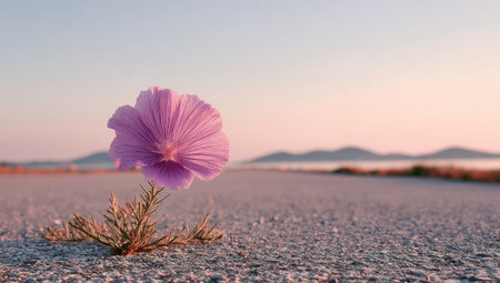 Single, vibrant pink flower is pushing through the cracked surface of a road.  The flower is in sharp focus, while the surrounding landscape, including hills and a body of water, are gently out of focus, creating a peaceful and serene atmosphere.  The image evokes a sense of resilience and beauty in nature's ability to thrive in unexpected places.の素材