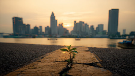 Young plant sprouts from a crack in the paving stones of a walkway, in front of a blurred cityscape at sunset. The paving stones show signs of weathering and age.の素材