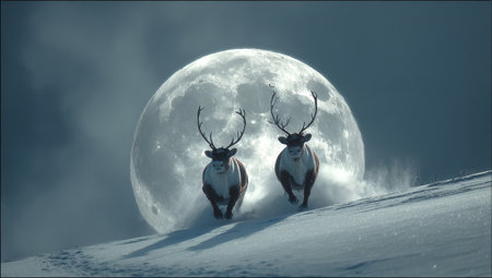 Two caribou run across a snowy landscape under a large full moon.  The scene is captured in a way that highlights the wildlife and the beauty of the natural winter environment.の素材